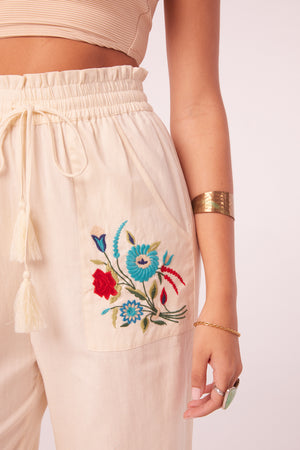 Bolinas Ivory Floral Embroidered High Waisted Pants