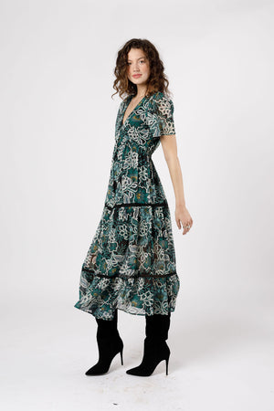 Chelo Emerald Floral Tiered Midi Dress
