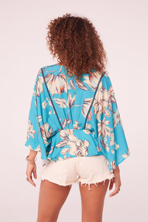 Escobilla Turquoise Floral Batwing Top