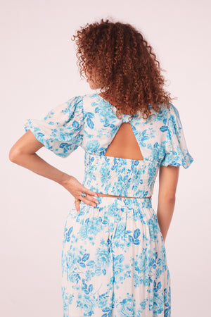 Icaria Turquoise Floral Puff Sleeve Top