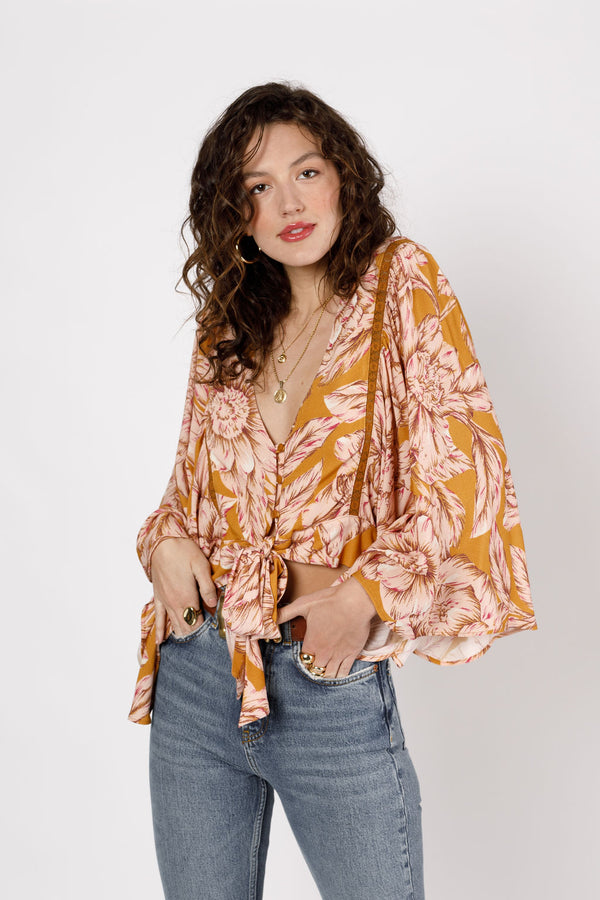 Libby Gold Floral Bell Sleeve Crop Top