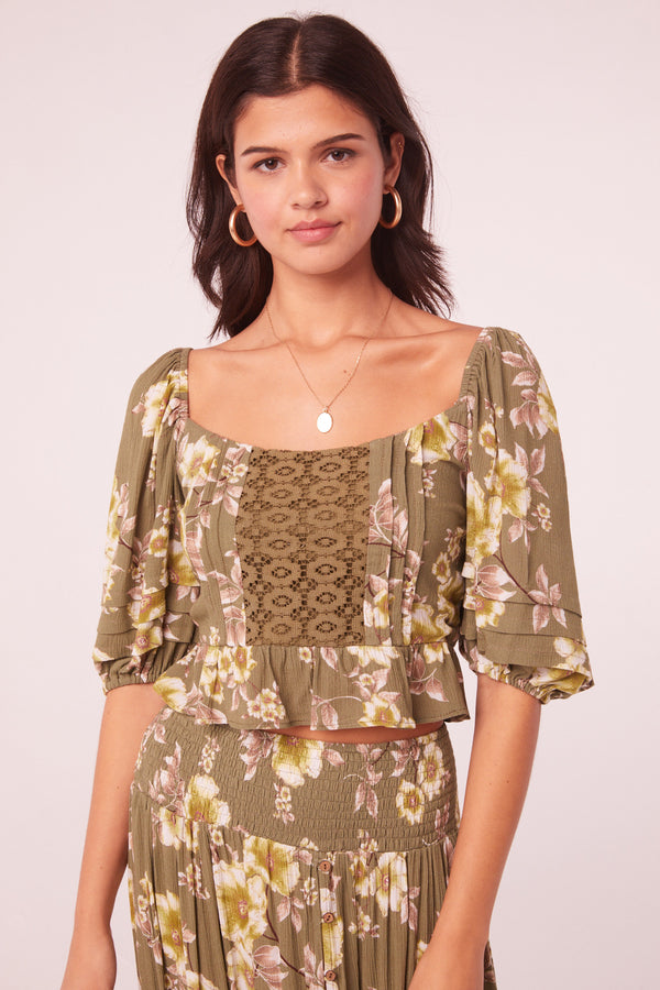 Sprout Olive Floral Lace Inset Top