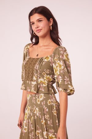 Sprout Olive Floral Lace Inset Top