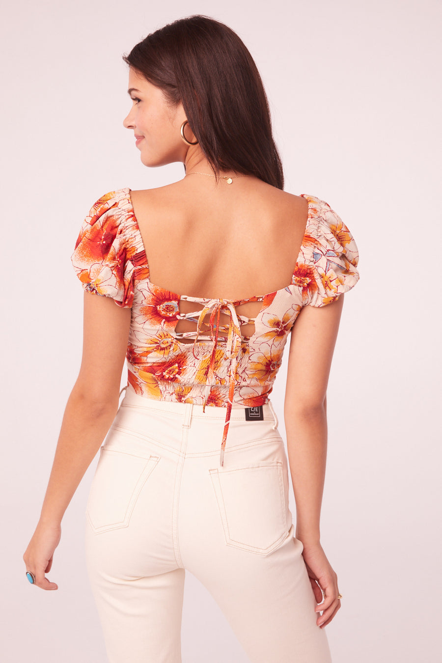 Vision Clay Floral Puff Sleeve Crop Top