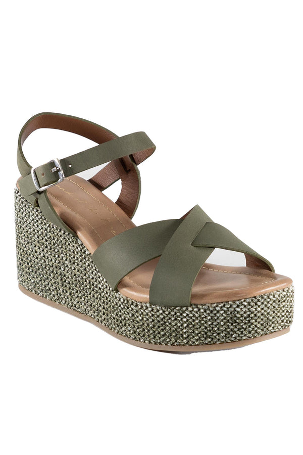 Antares Green Leather Wedge Strappy Sandal