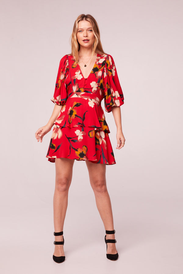 Dolly Red Floral Puff Sleeve Mini Dress