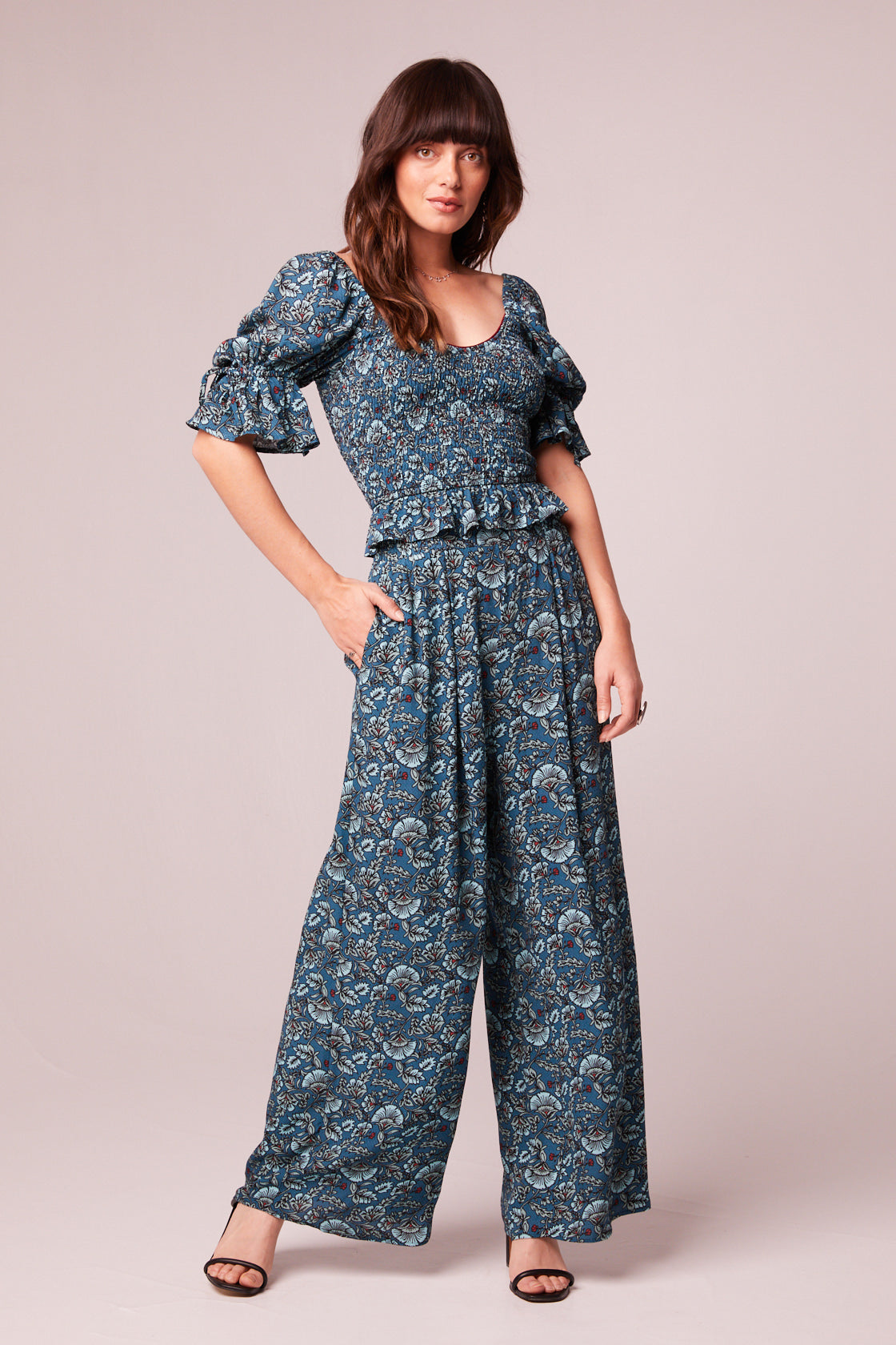 Elise Teal Floral Wide Leg Pants