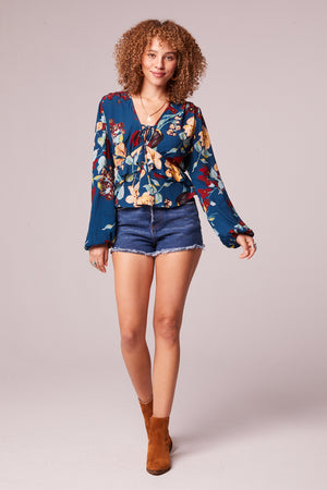 Fano Teal Floral Long Sleeve Top Front
