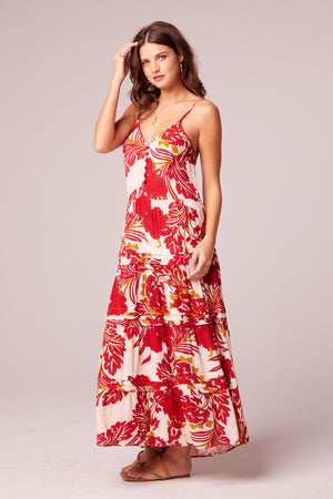 For The Roses Red Floral Button Maxi Dress