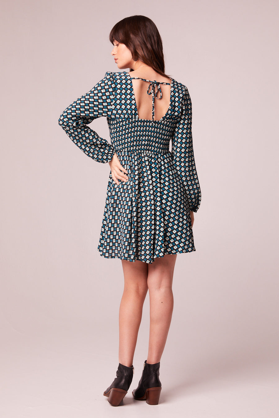 Genevieve Teal Diamond Long Sleeve Mini Dress