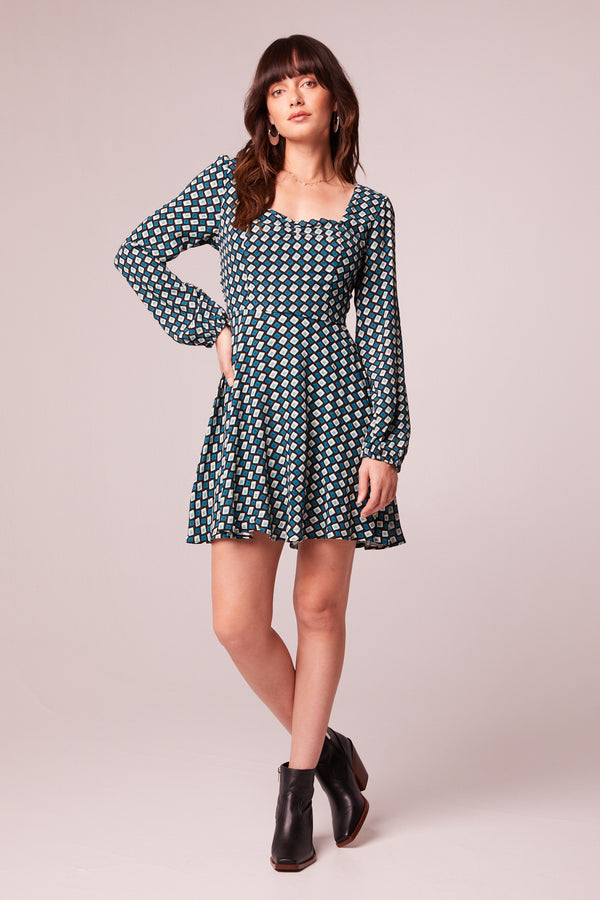 Genevieve Teal Diamond Long Sleeve Mini Dress