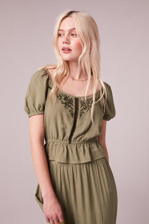 Imola Moss Embroidered Puff Sleeve Top Detail