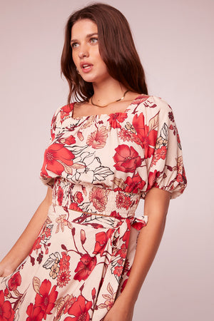 Kavi Hot Coral Floral Puff Sleeve Top