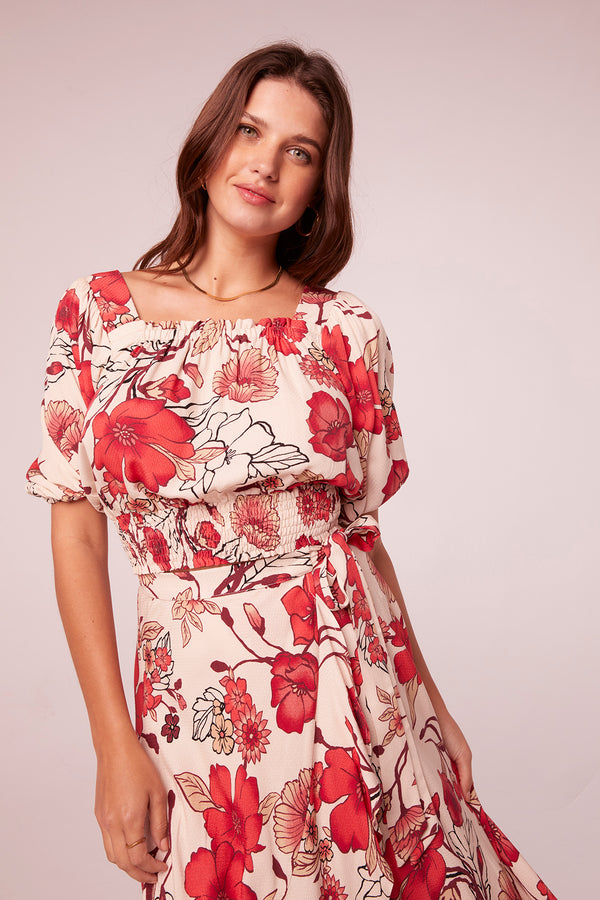 Kavi Hot Coral Floral Puff Sleeve Top
