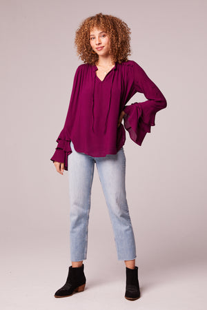 Lecce Plum Ruffle Sleeve Top Front