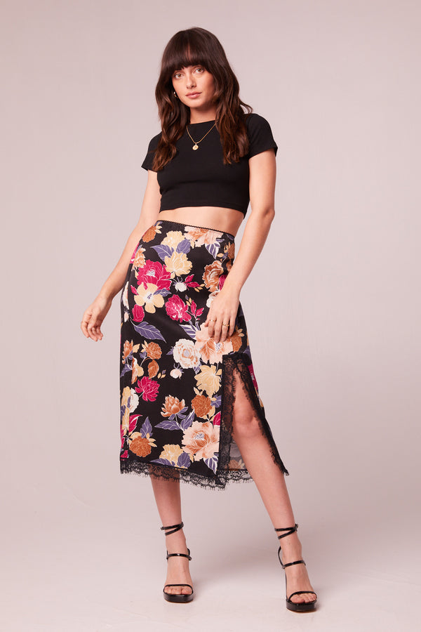 Lilou Black Floral Lace Slip Midi Skirt