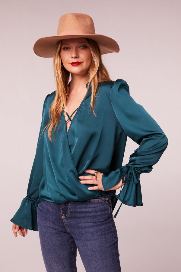 Sara Pine Satin Long Sleeve Top