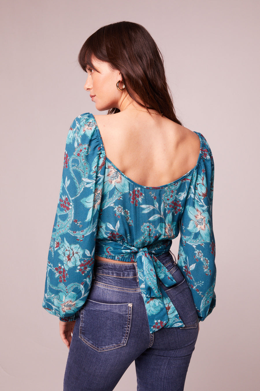 Sybille Teal Floral Crossover Crop Top