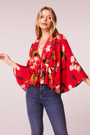 The High Priestess Red Floral Batwing Top