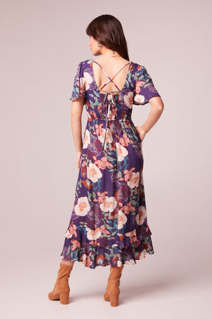 Thea Purple Floral Square Neck Midi Dress