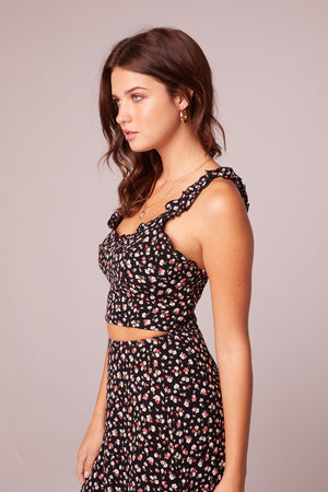 Zuma Black Floral Ruffle Edge Crop Top